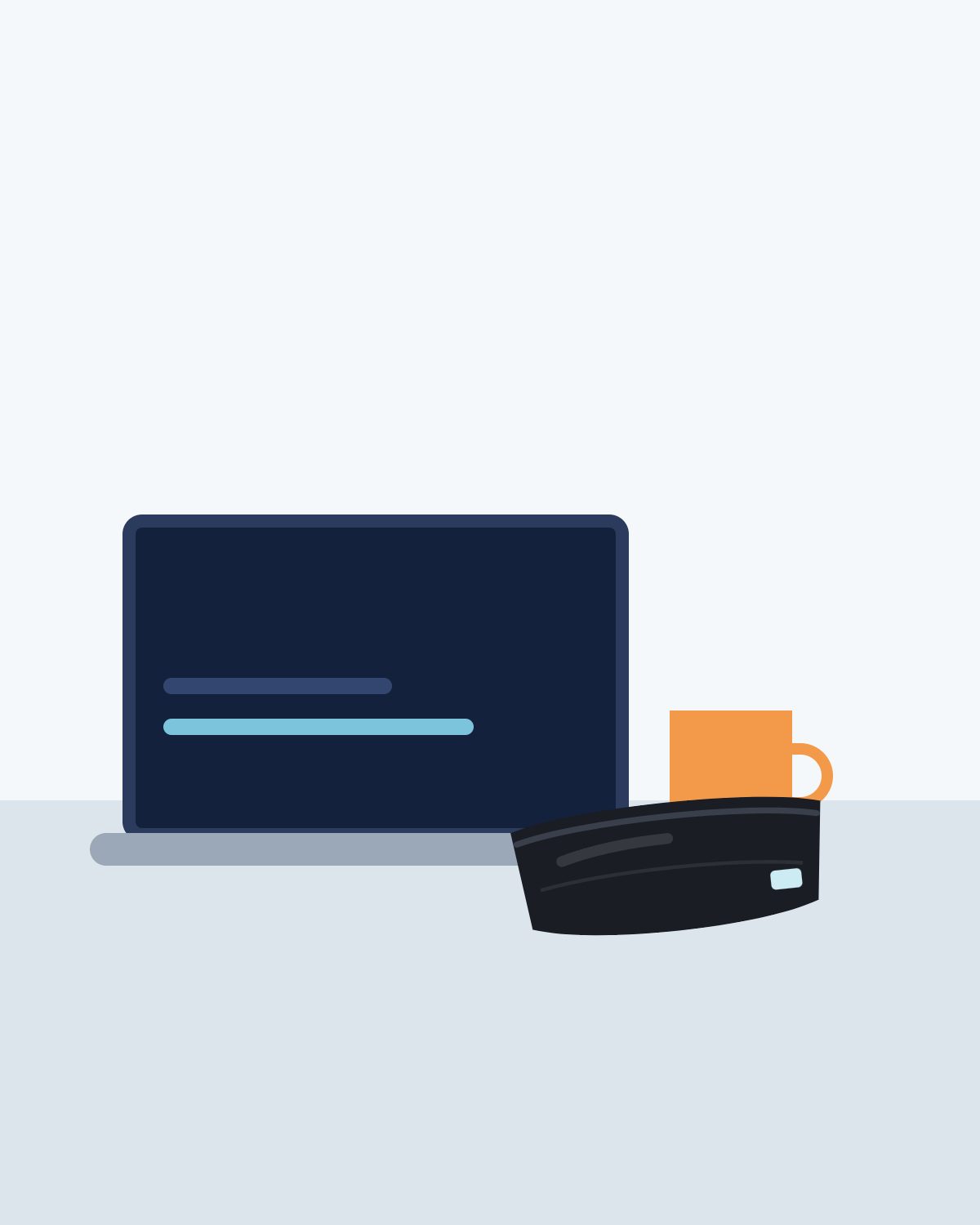 Laptopun yanında katlanmış başlık ve kupa çizimi